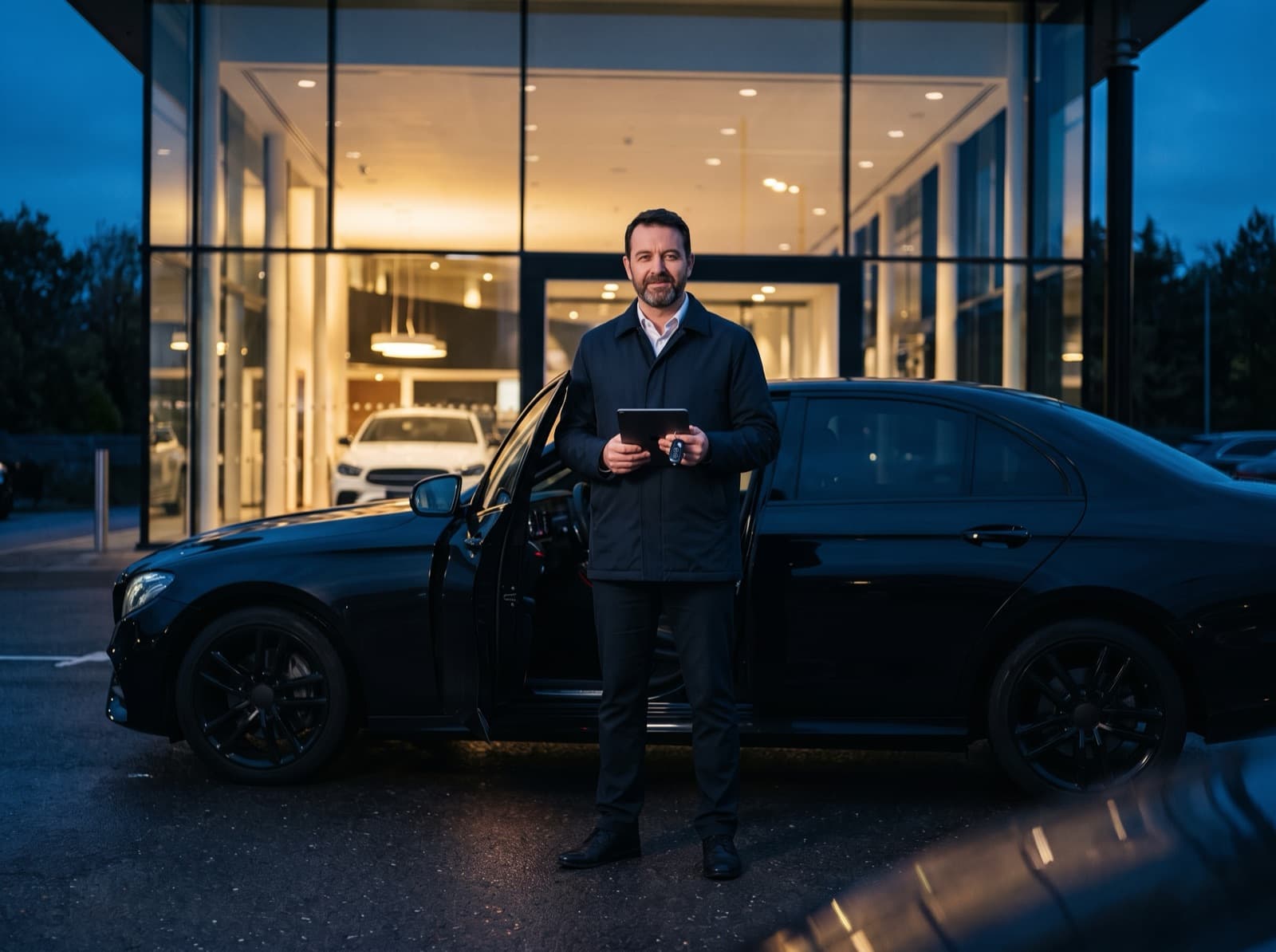Fahrer mit Tablet und Autoschlüssel neben einer schwarzen Limousine vor einem beleuchteten Autohaus in der Abenddämmerung